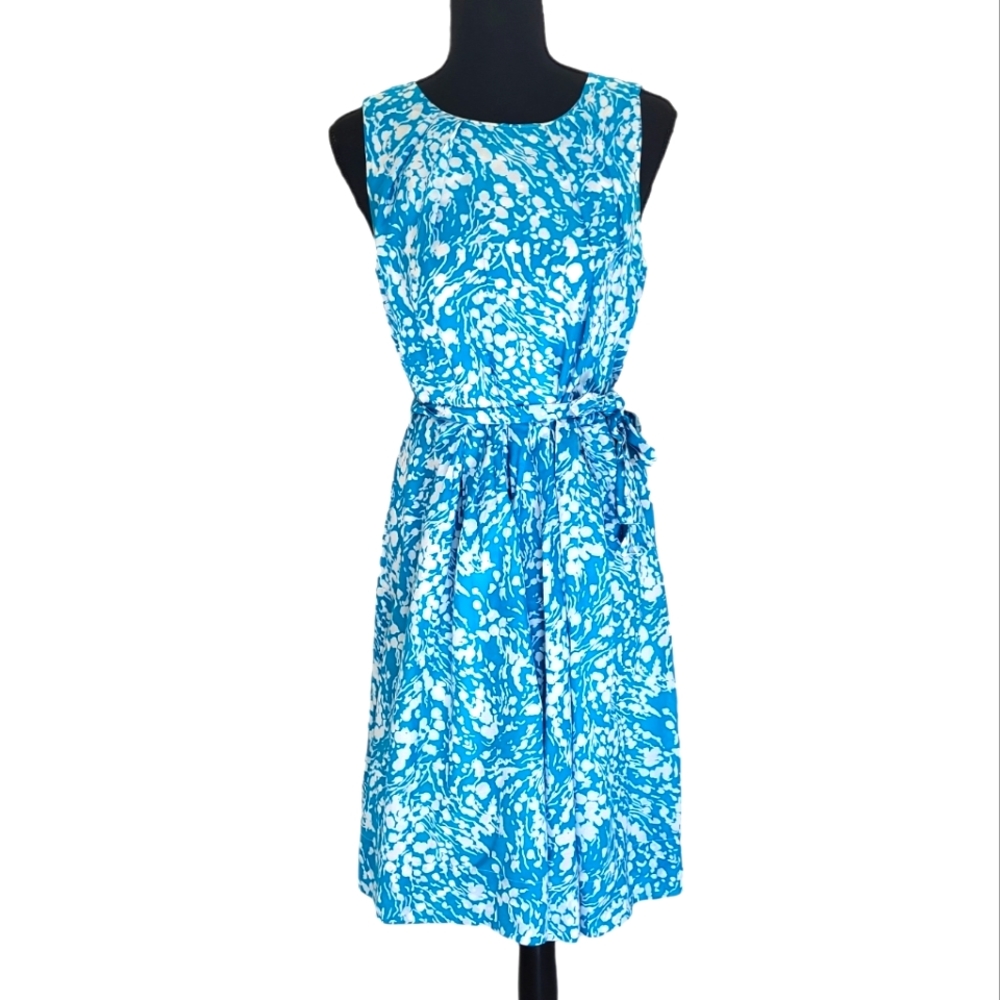 EUC Talbots women's cotton silk floral pleated knee length dress, blue, 8